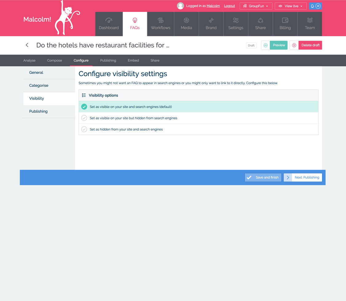 Screenshot of the Workflow visibility options in MyMalcolm
