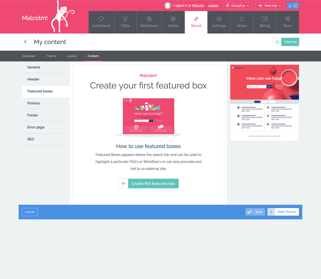 Screenshot of the theme featured boxes splash page in MyMalcolm