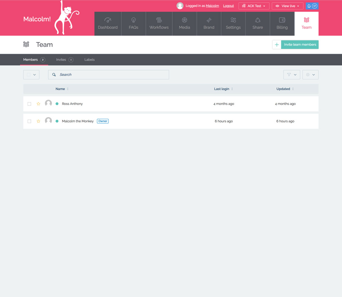 Screenshot of the team section in MyMalcolm